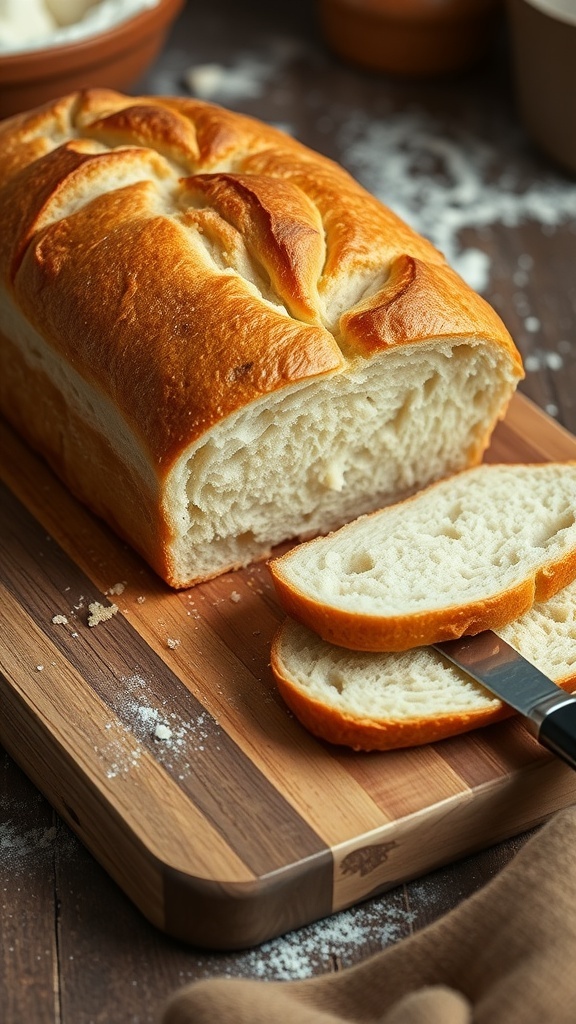 A golden brown homemade 9x5 loaf of bread sliced on a wooden board with a butter knife.